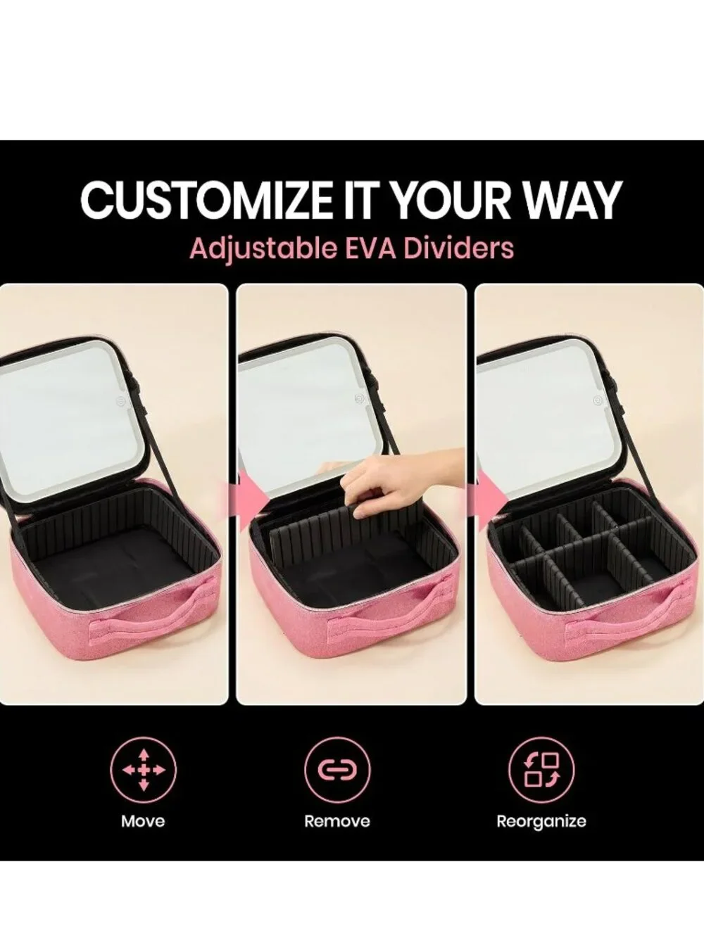 Lighted Cosmetic Case with 3 Light Modes and Adjustable Dividers